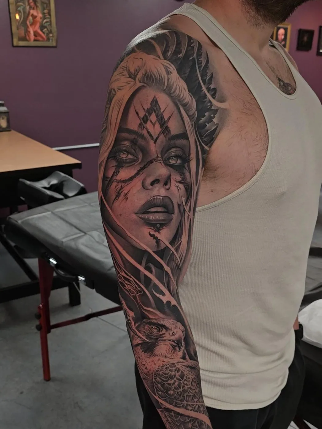 Woman and falcon sleeve by Gage Cheesman, Alliance Tattoo Eugene Oregon