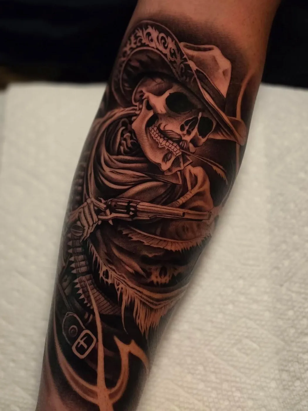 Skeleton cowboy forearm piece by Gage Cheesman, Alliance Tattoo Eugene Oregon