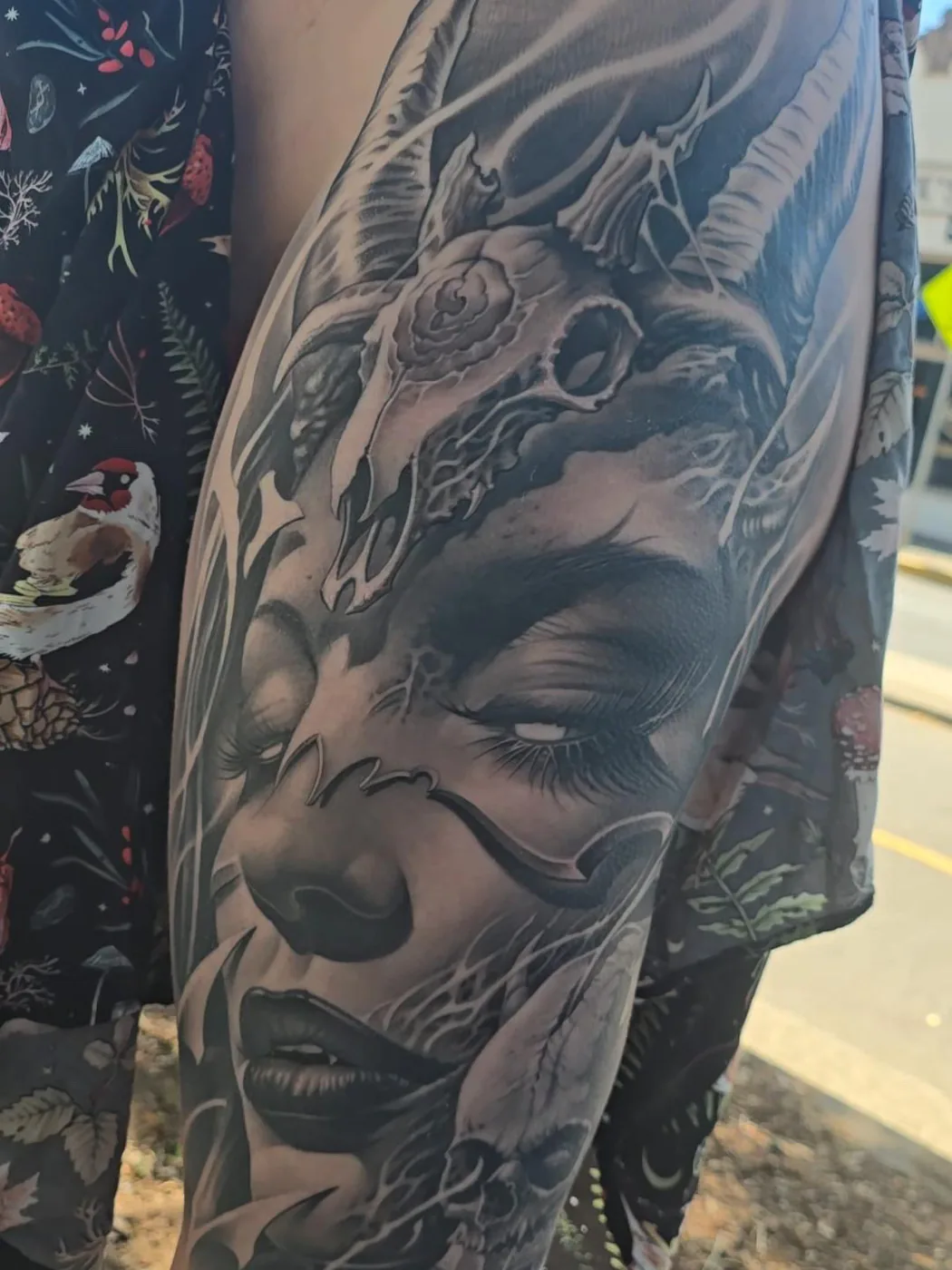 Horned skull woman thigh piece by Gage Cheesman, Alliance Tattoo Eugene Oregon