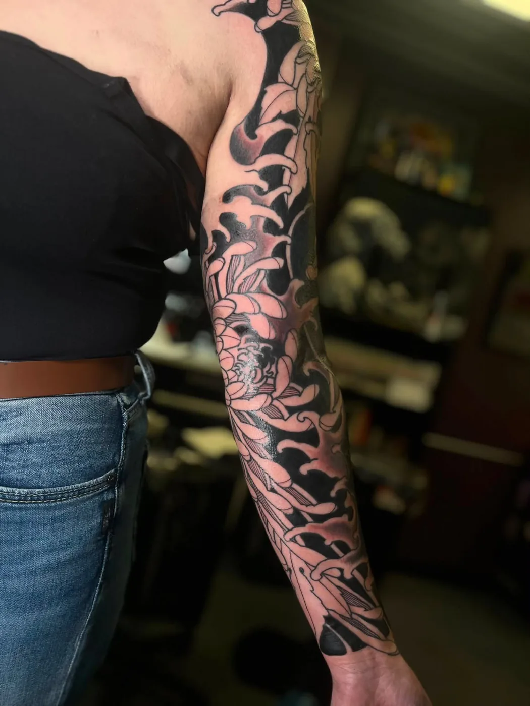 Japanese chrysanthemum sleeve by Kaichi Fujita, Alliance Tattoo Eugene Oregon