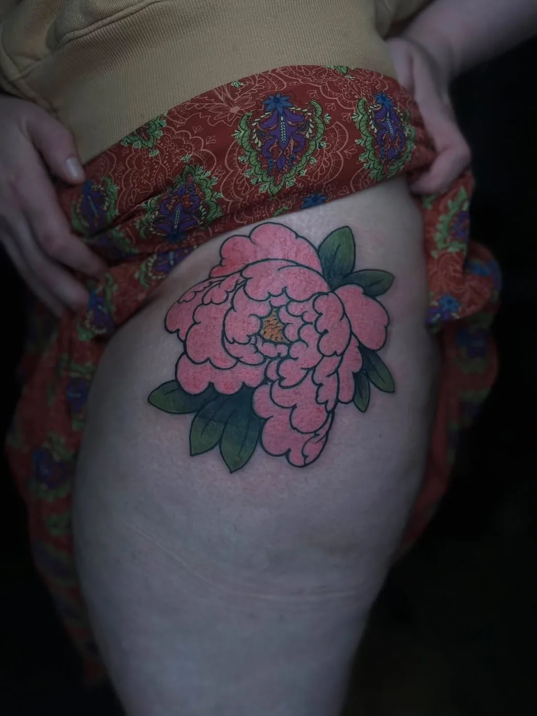 Pink peony hip piece, Japanese style by Kaichi Fujita, Alliance Tattoo Eugene Oregon