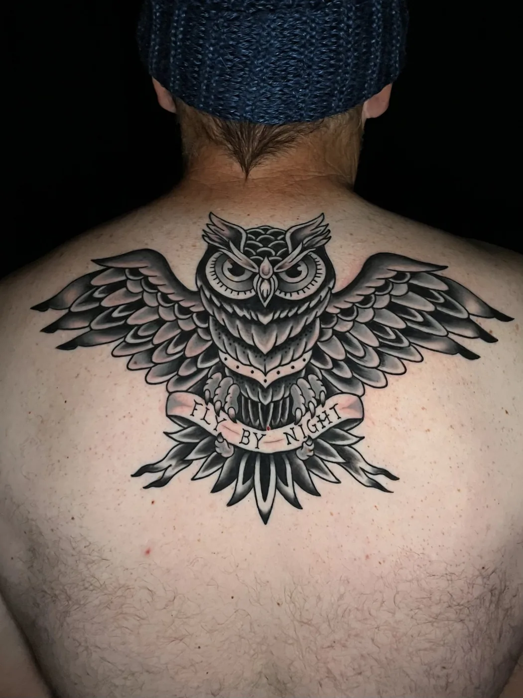 Traditional owl back piece by Ky Bell, Alliance Tattoo Eugene Oregon