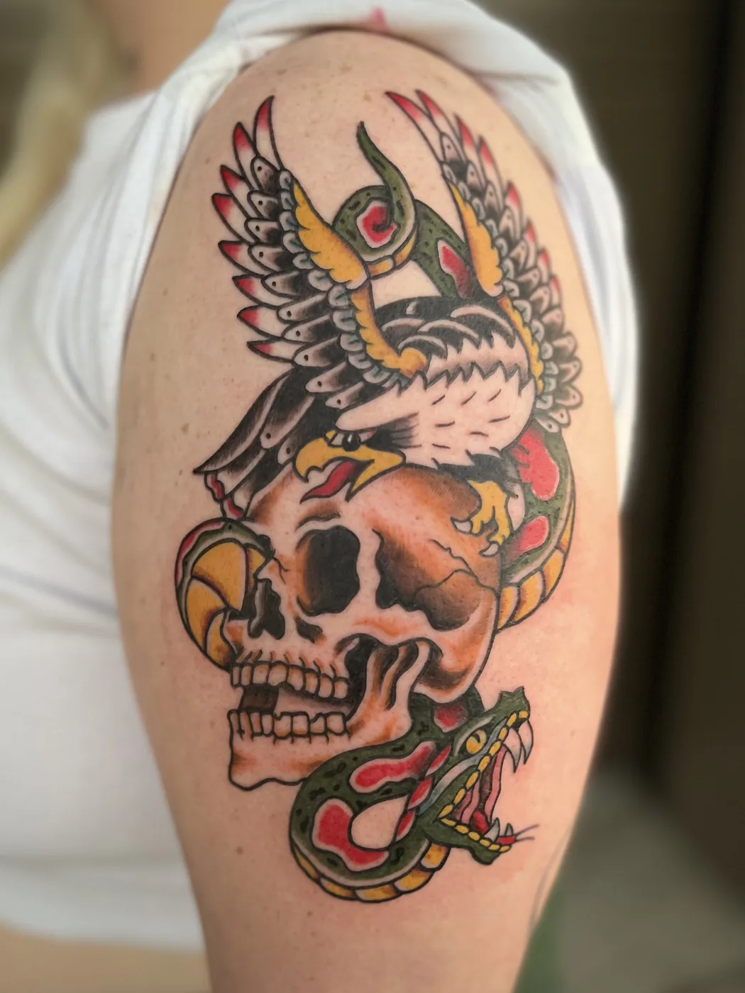 Skull, snake, and sparrow-hawk arm piece by Ky Bell, Alliance Tattoo Eugene Oregon