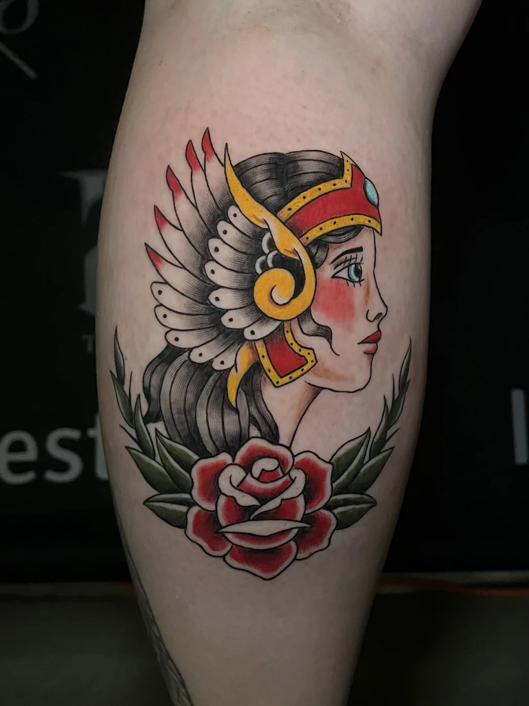Traditional lady head with rose by Ky Bell, Alliance Tattoo Eugene Oregon