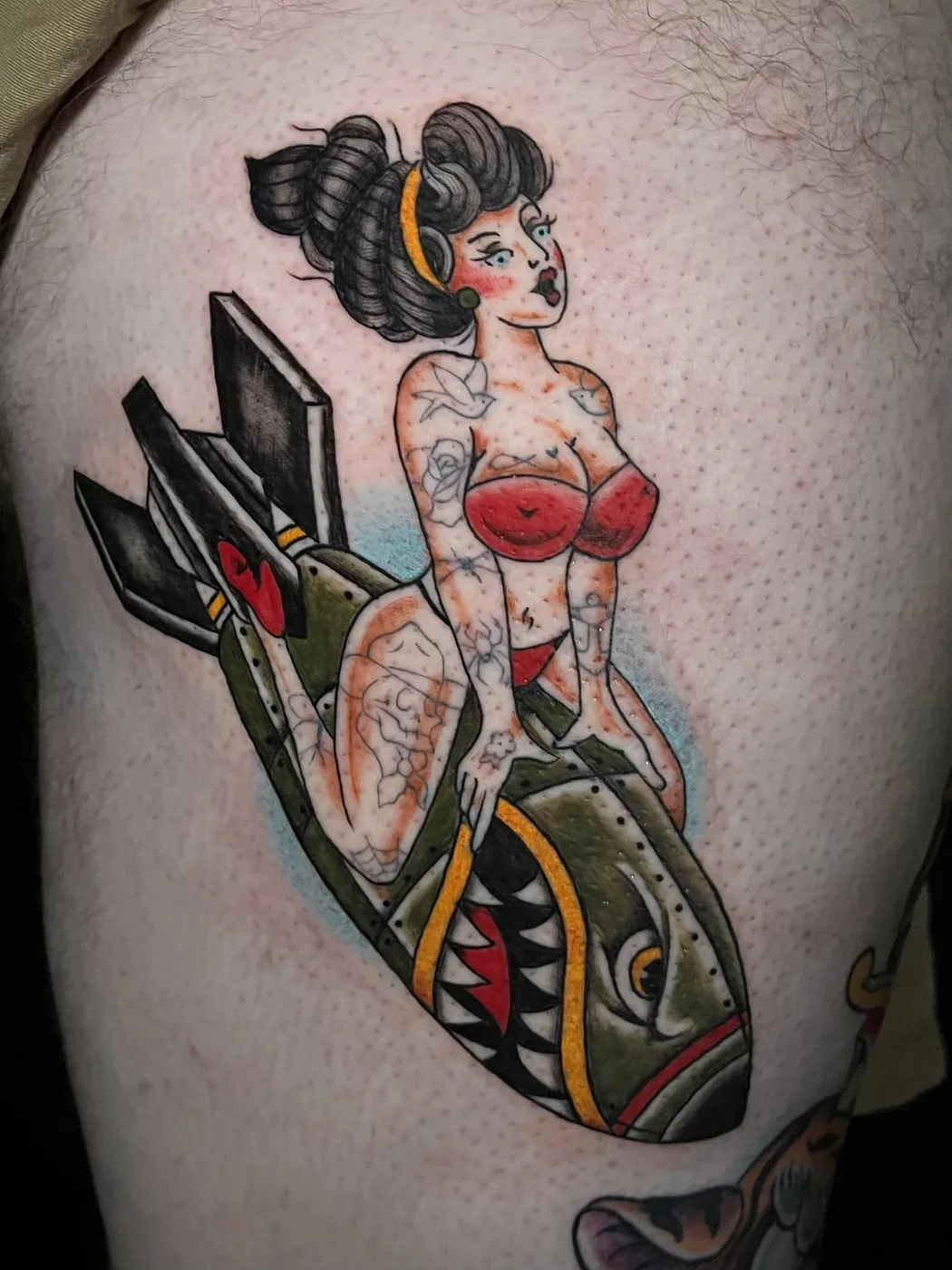Bombs-away pin-up girl by Ky Bell, Alliance Tattoo Eugene Oregon