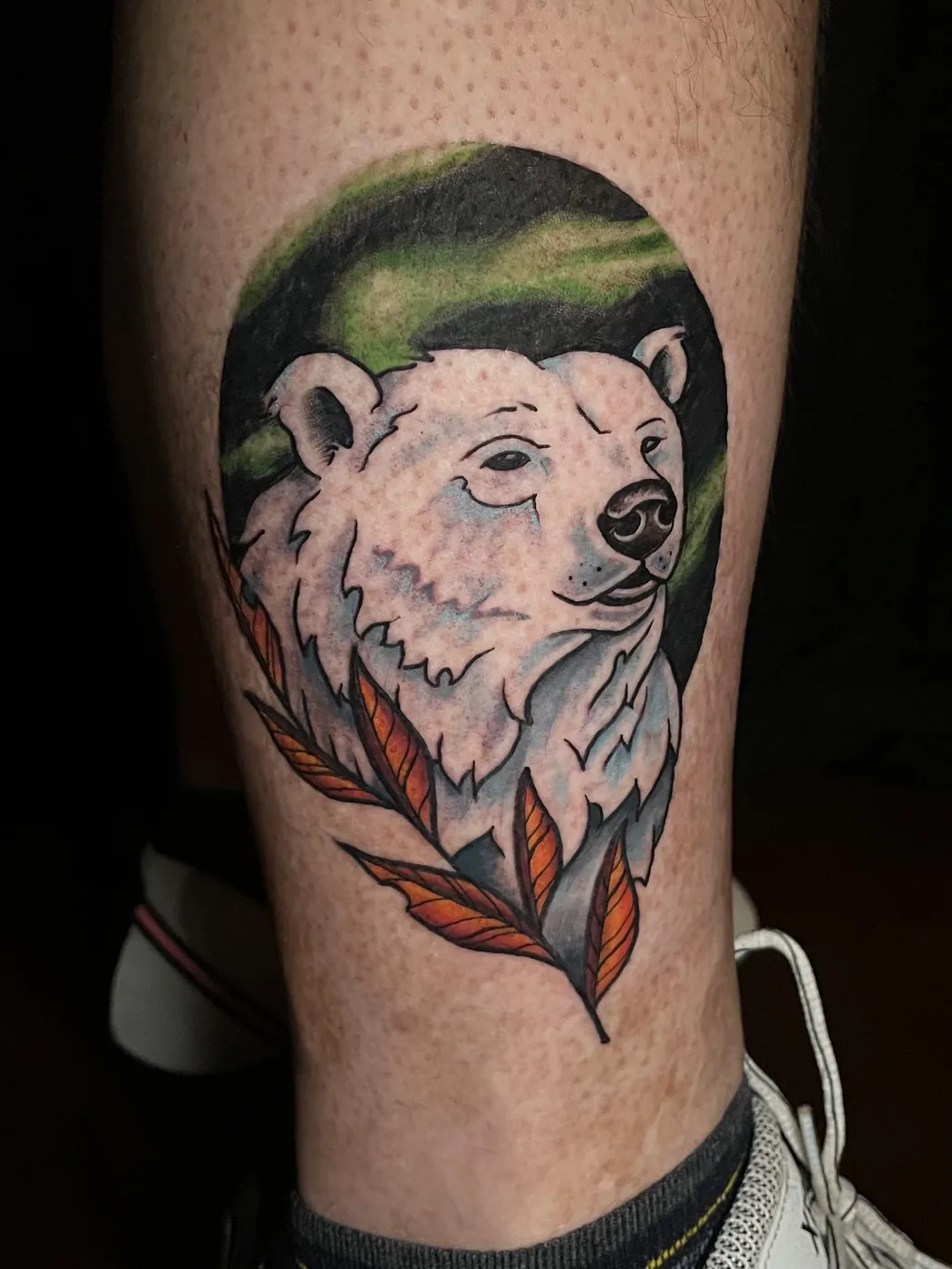 Polar bear portrait leg piece by Ky Bell, Alliance Tattoo Eugene Oregon