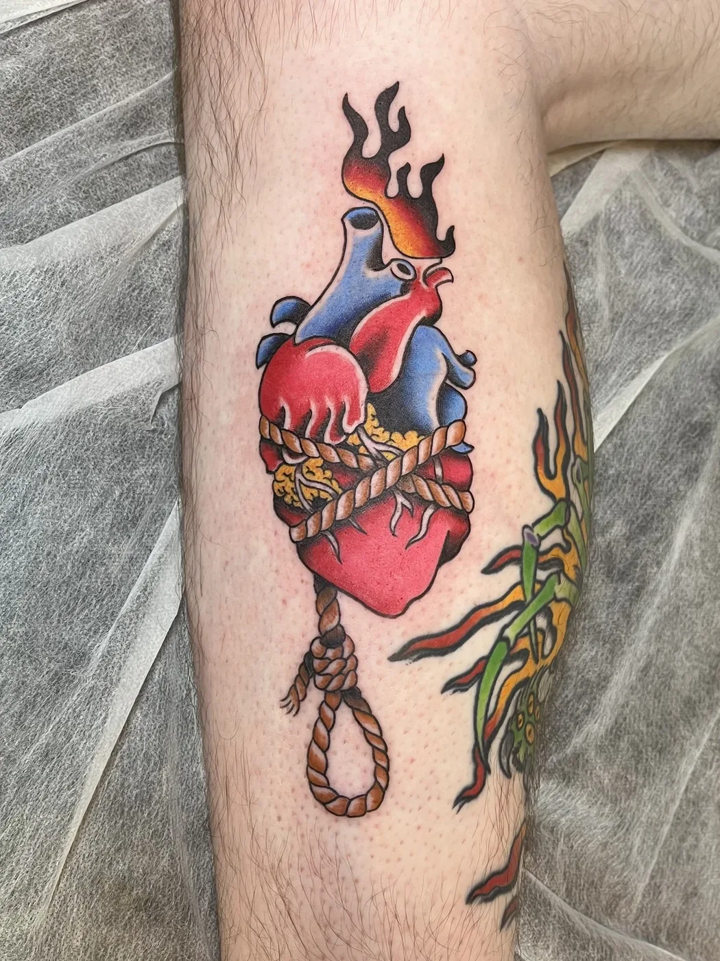Sacred heart with rope and dagger by Ky Bell, Alliance Tattoo Eugene Oregon