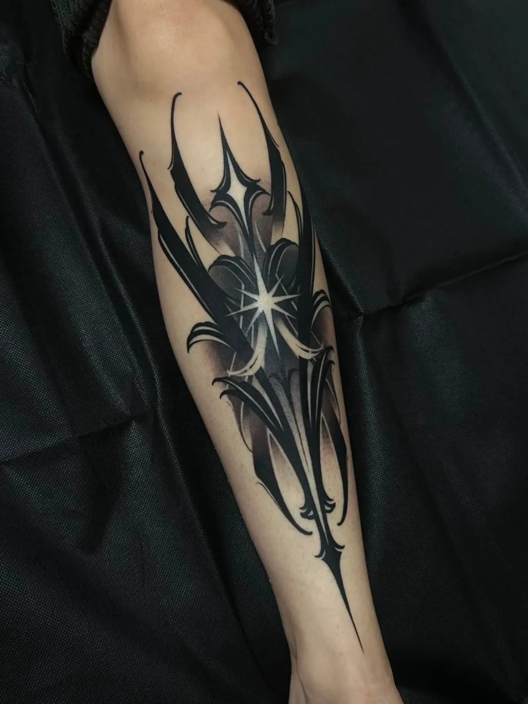 Gothic pinstripe star, full forearm by Preston, Alliance Tattoo Eugene Oregon
