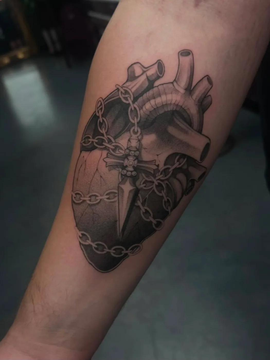 Chained heart with dagger by Preston, Alliance Tattoo Eugene Oregon