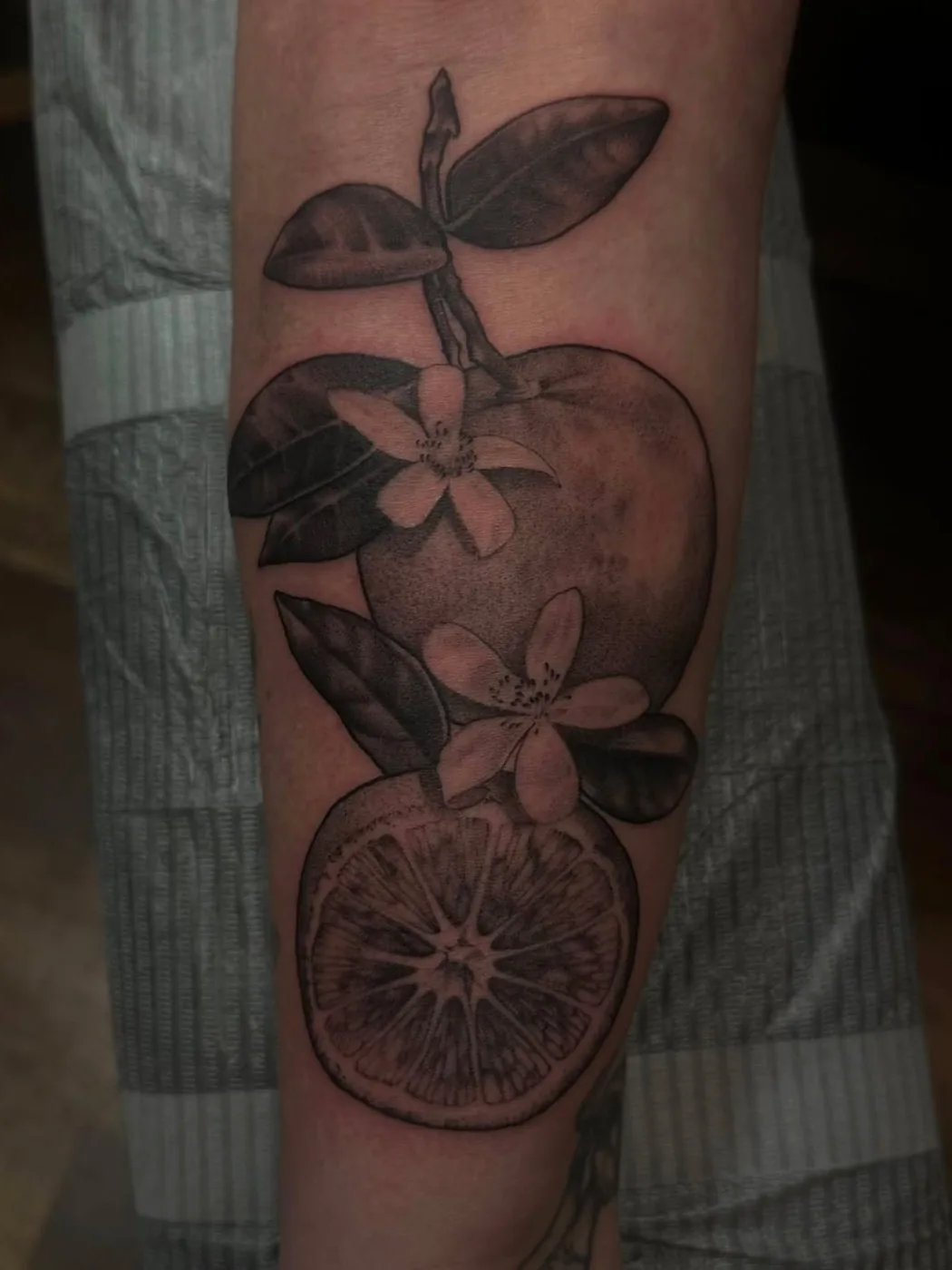 Citrus and blossoms, black and grey by Preston, Alliance Tattoo Eugene Oregon